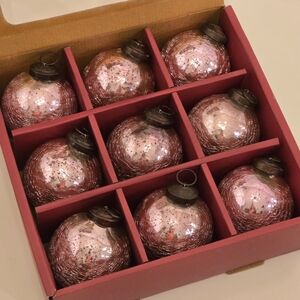 NWT 9 Pink Crackled Mercury Glass 3 Inch Holiday Ornaments w/ Antique Bronze Cap